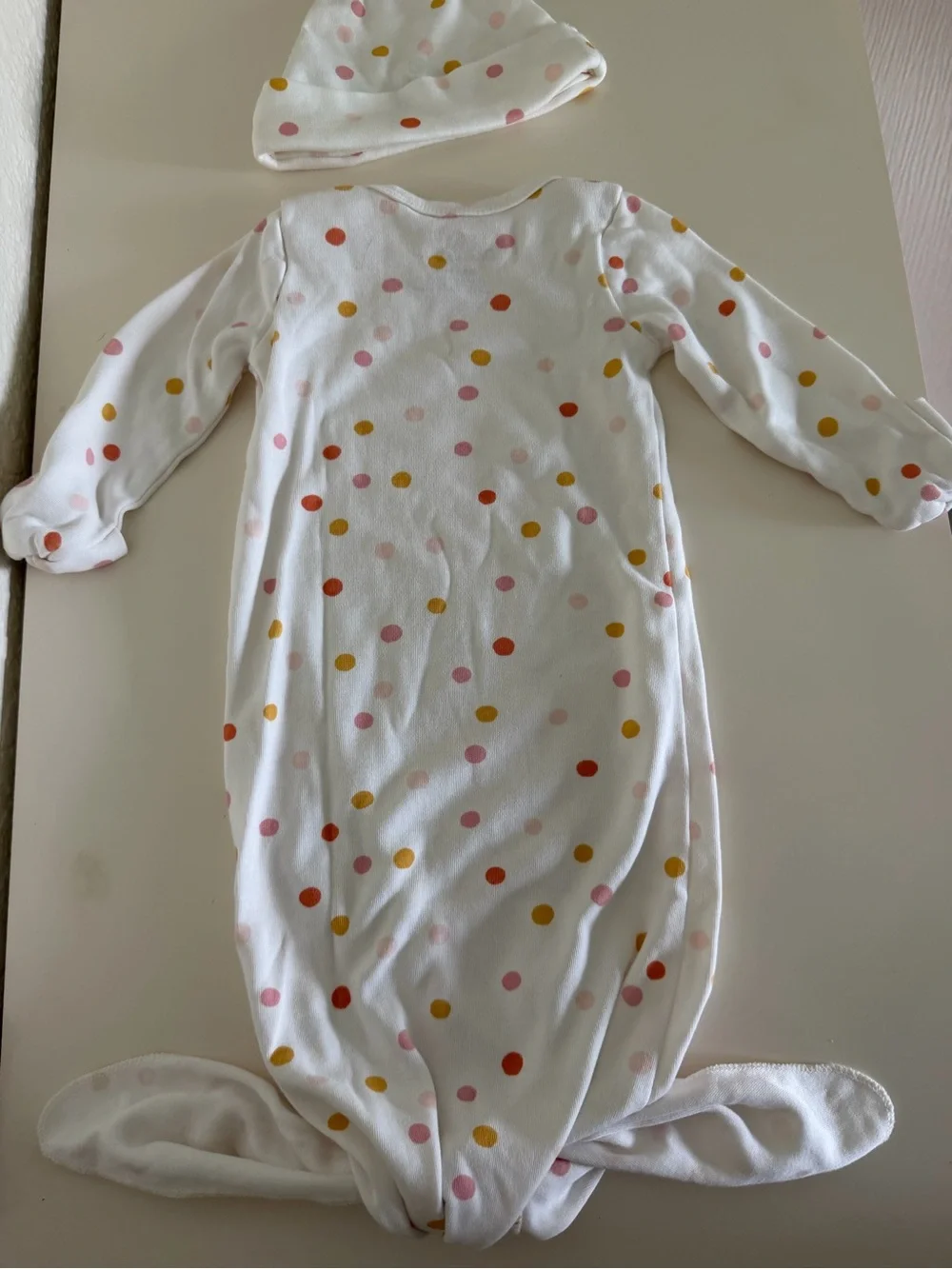 White Baby Gown and Knot Hat with Pink, Mustard & Orange Polka Dots